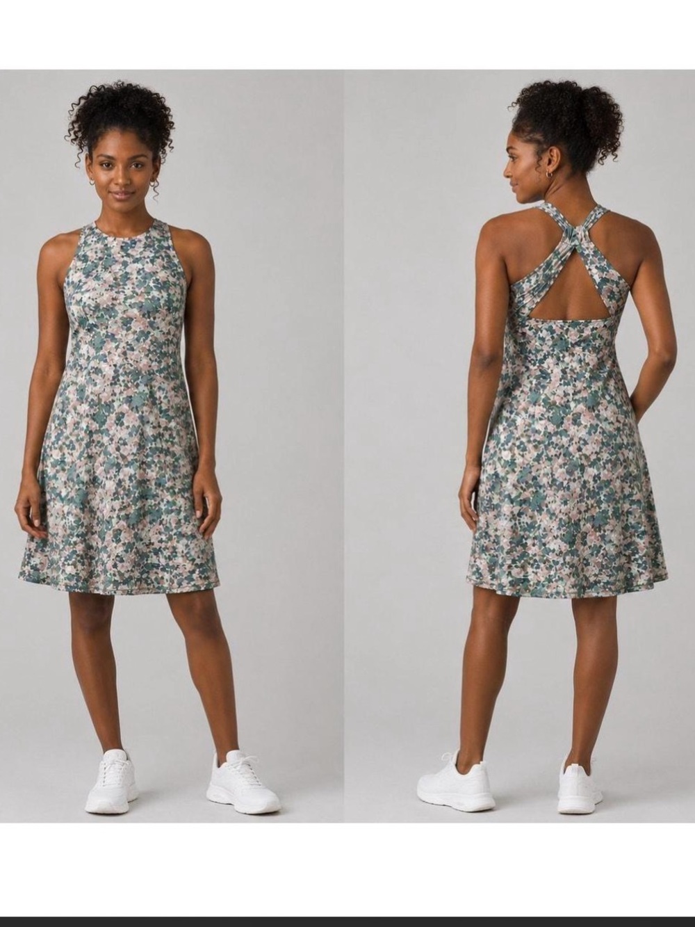 Prana Jewel Lake Summer Dress Athletic Size Large White Garden Emerald Floral